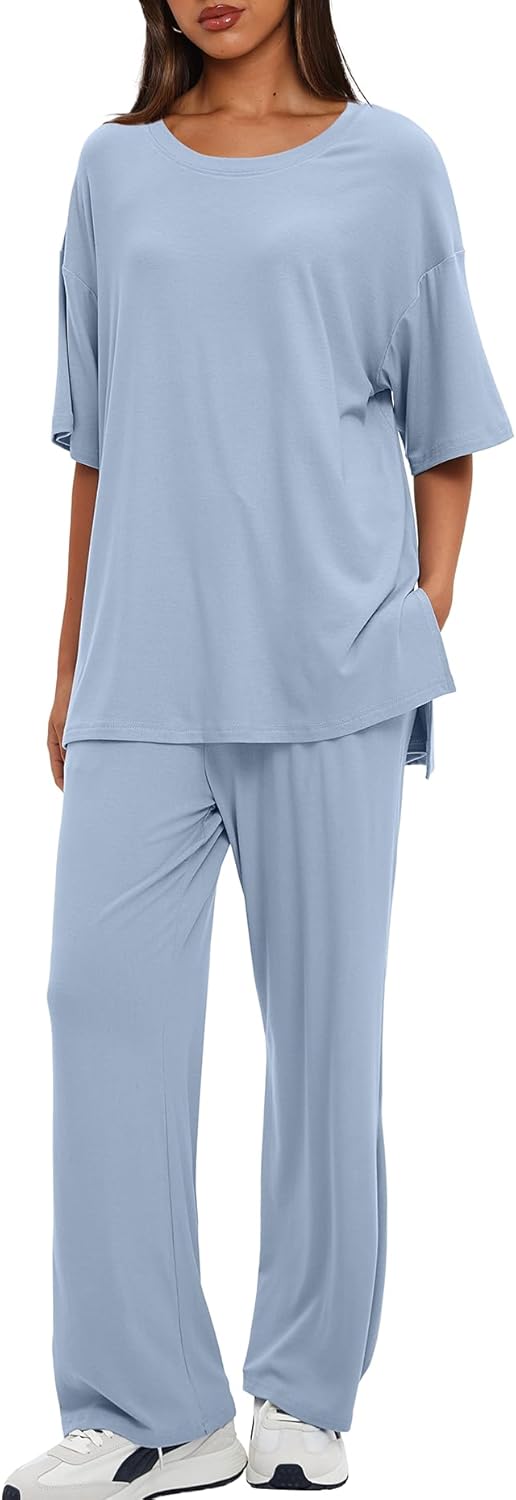 Darong Women's Two Piece Sets Casual Short Sleeve Top Wide Leg Pants Lounge Matching Set Travel Vacation Airport Outfits - Image 3