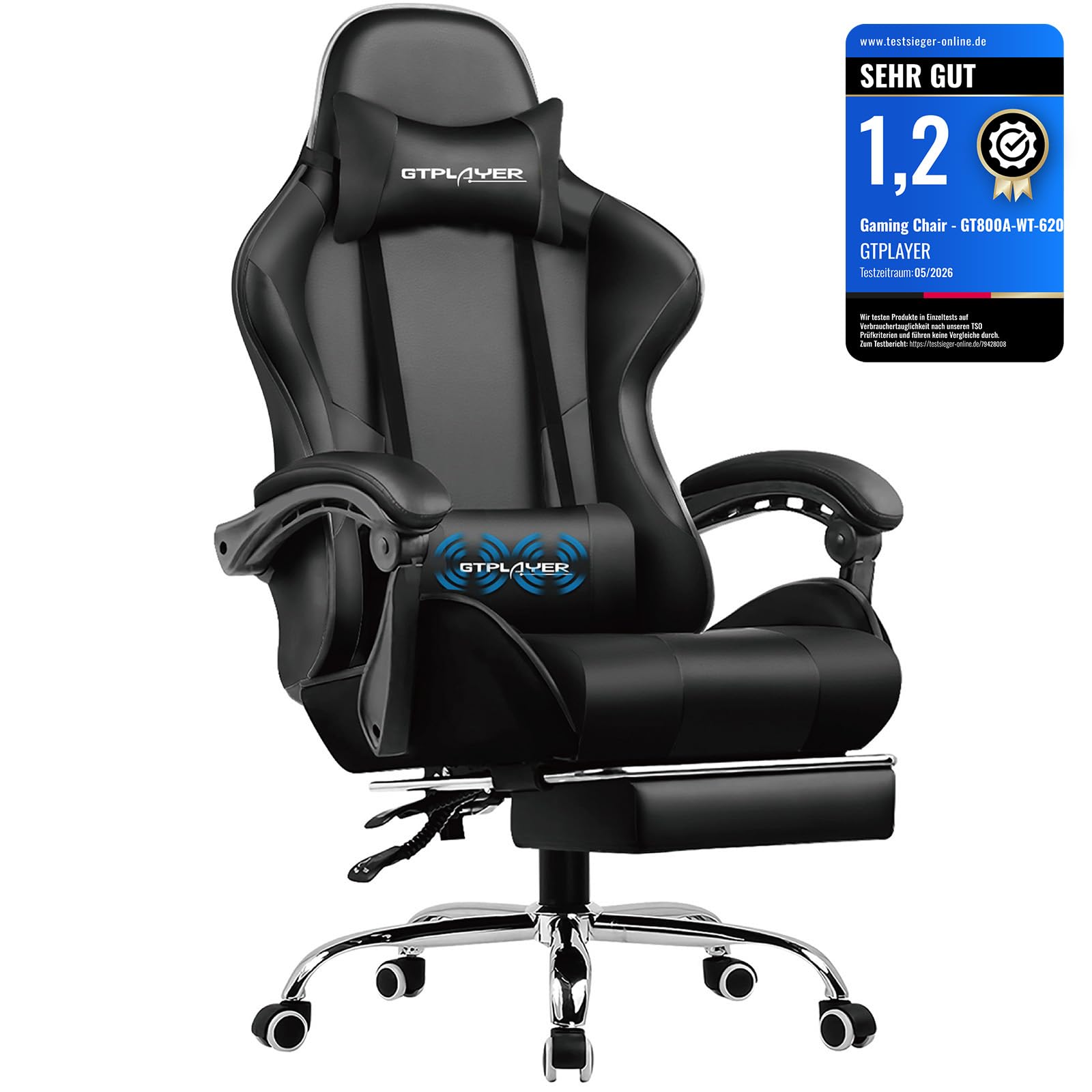 GTPLAYER Bürostuhl Gaming Stuhl Massage Gaming Sessel Ergonomischer Gamer Stuhl mit Fußstütze, Gepolstert Gaming Chair, Drehsessel 150KG, schwarz