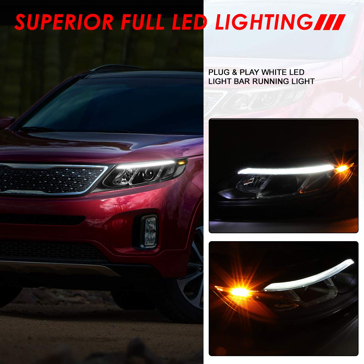 Passenger Side Headlight For 2014-2015 Kia Sorento EX/SX – Halogen With LED DRL Projector, DOT Certified