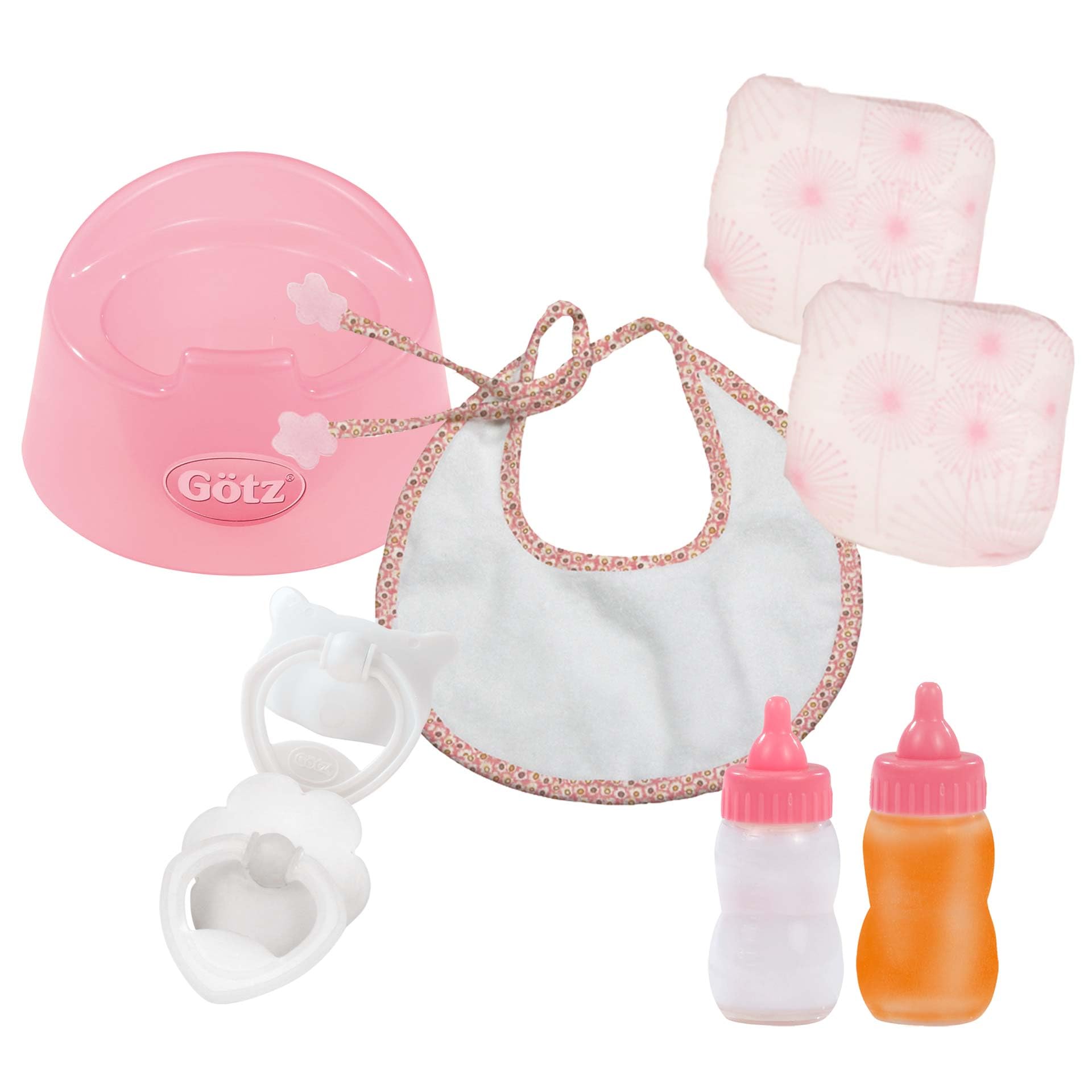 Gotz Basic Care Potty Training Set for Baby Dolls up to 16.5" - Includes Potty, Bib, Diaper, Milk Bottle and Juice Bottle