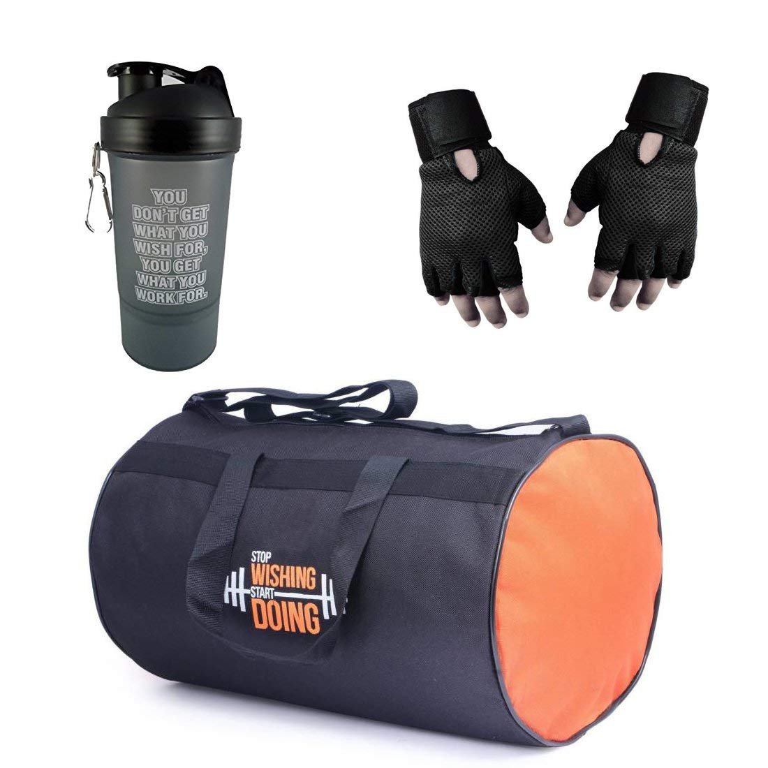 Allied Sales SG-861 Combo Polyester Antique Gym Bag, Protein Shaker and Gym Gloves with Wrist Support Combo.