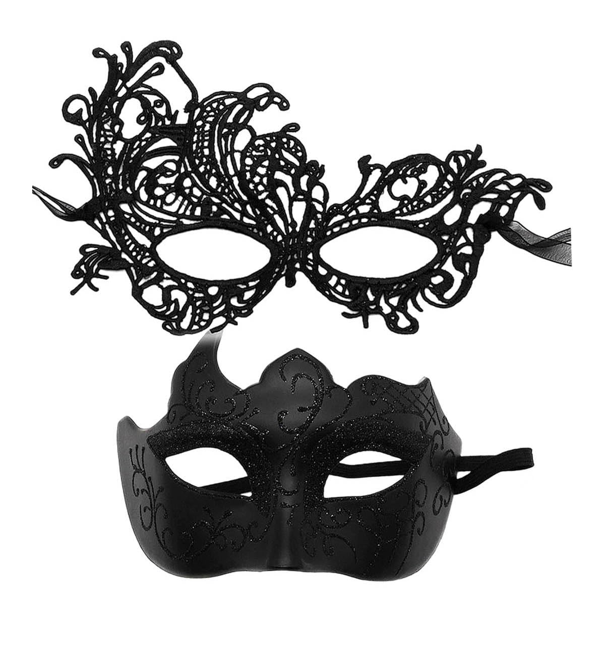 ZQIDDA 2 Pack Masquerade Masks for Couples - Lace & Venetian Mask Set for Women Men, Ideal for Masquerade Ball, Halloween, Mardi Gras, Prom & Cosplay（black）