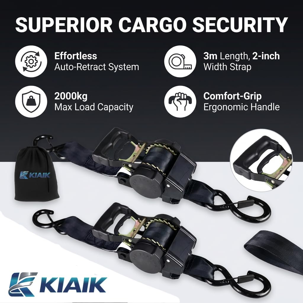 2 Pack 2 Inch Retractable Ratchet Straps,4400lb Break Strength(2 Inch×10 Feet) Heavy Duty Auto Self Retracting Tie Down Straps for Motorcycle,Cargo Trailer,Truck