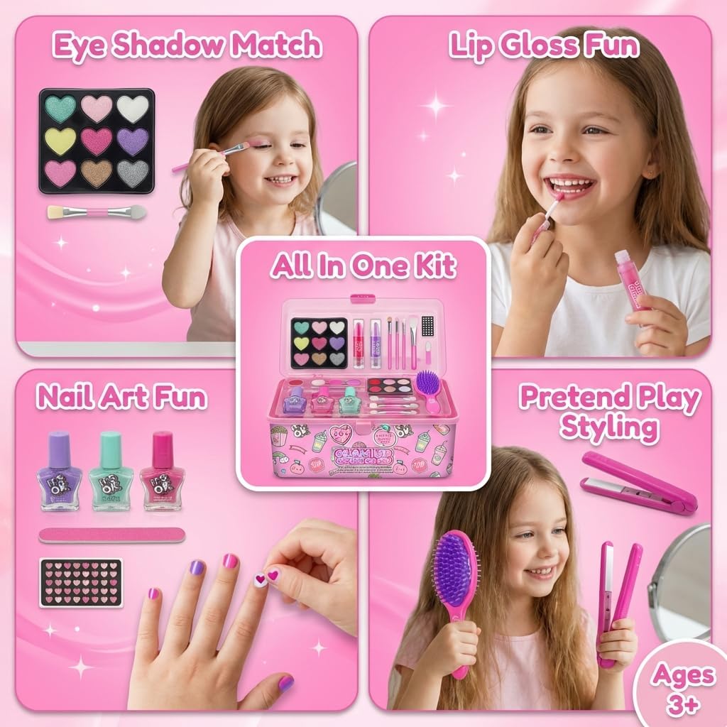 My Beauty Spot Kids Makeup Kit with Caboodle Case for Girls — Safe & Real Washable Makeup Set with Nail Polish, Lip Gloss, Eyeshadow, Nail Gem Sheet, Nail File & Play Hair Tools, Ages 6+ Gifts