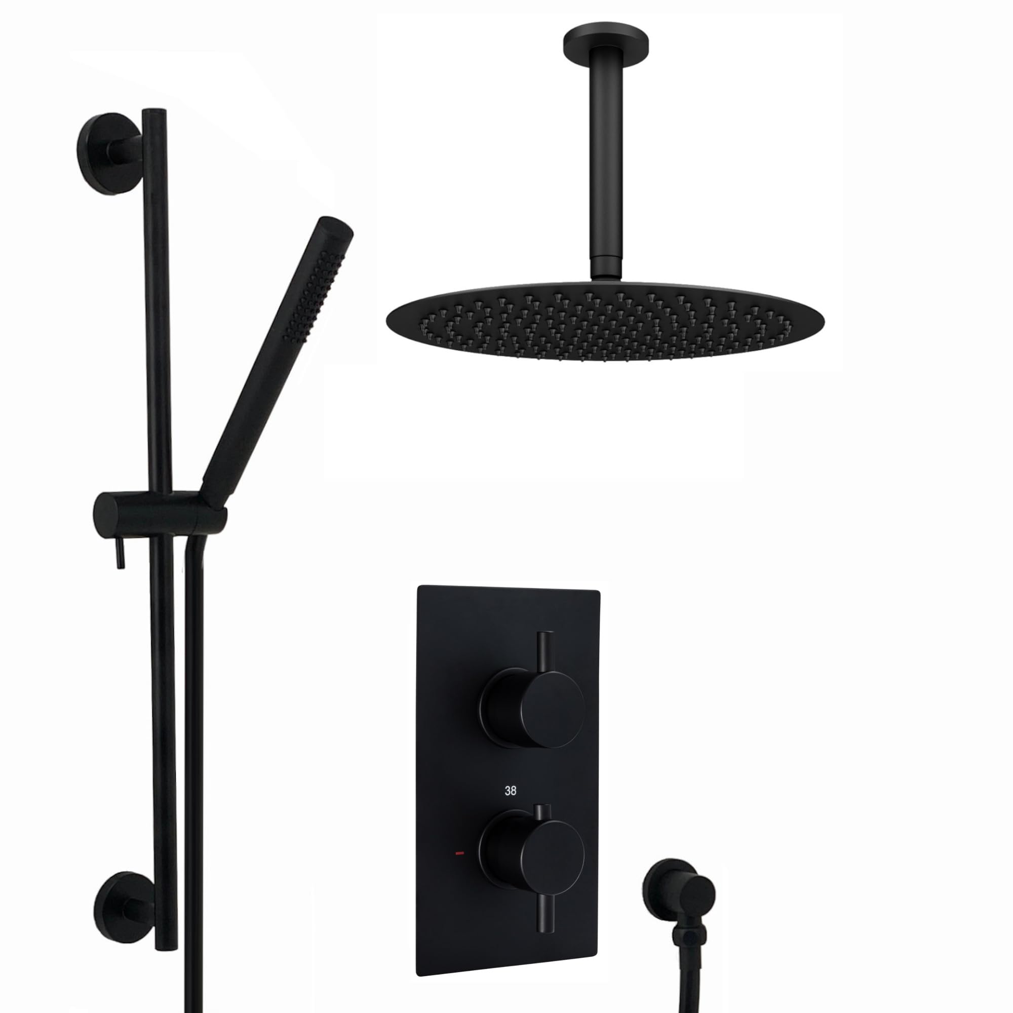 Enki Black Naples, Sh0369, Contemporary Round Concealed Thermostatic Shower Set Incl. Twin Valve, Ceiling Fixed 8" Shower Head, Slider Rail Kit - Matte (2 Outlet)
