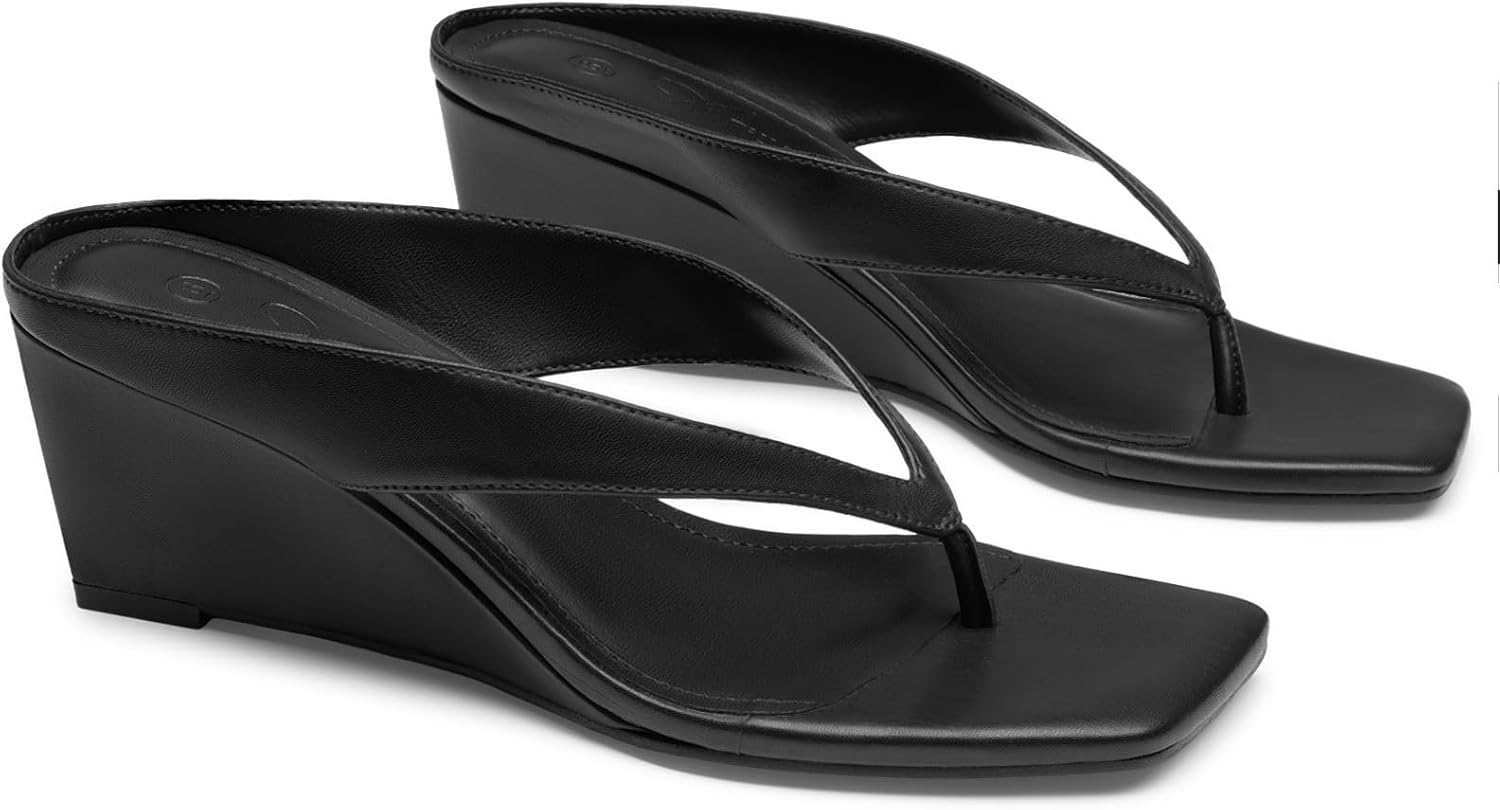 Athlefit Women's Low Wedge Sandals Trendy Dressy Square Open Toe Summer Beach Flip Flops Thong Heeled Sandals