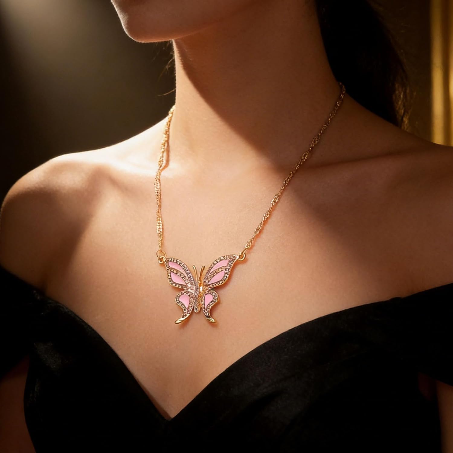Andelaisi Large Crystal Butterfly Necklace Vintage Butterfly Pendant Necklace Enamel Butterfly Necklaces Chain Rhinestone Butterfly Chain Necklaces for Women - Image 2