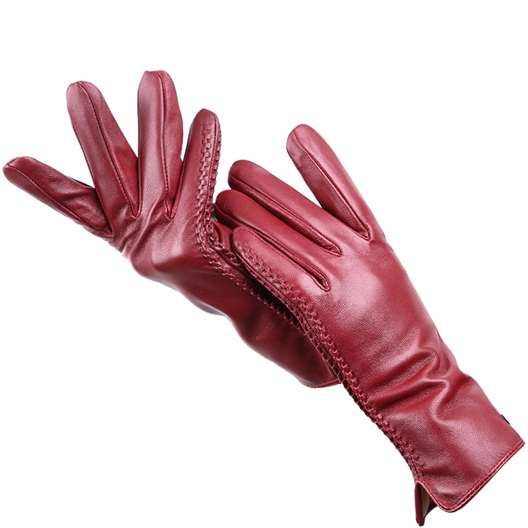 Guantes de cuero para mujer con forro polar cálido, guantes de conducción de cuero a prueba de viento para exteriores Jujube Red 7