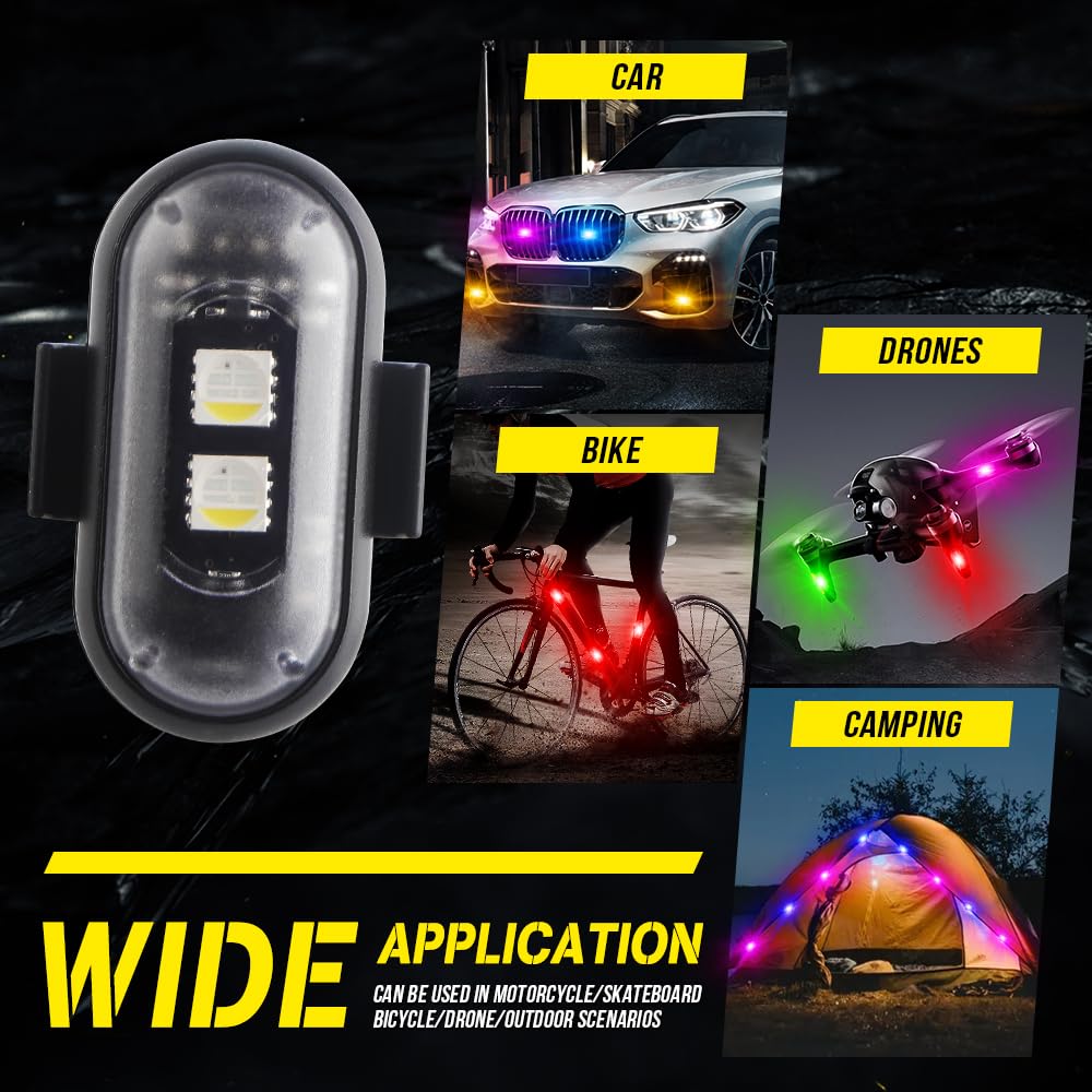 NHHEO Lot de 8 lumières stroboscopiques LED sans fil avec télécommande, chargement USB 1 en 4, 8 couleurs, étanche, pour intérieur de voiture, moto, vélo, drone, camion, anti-collision