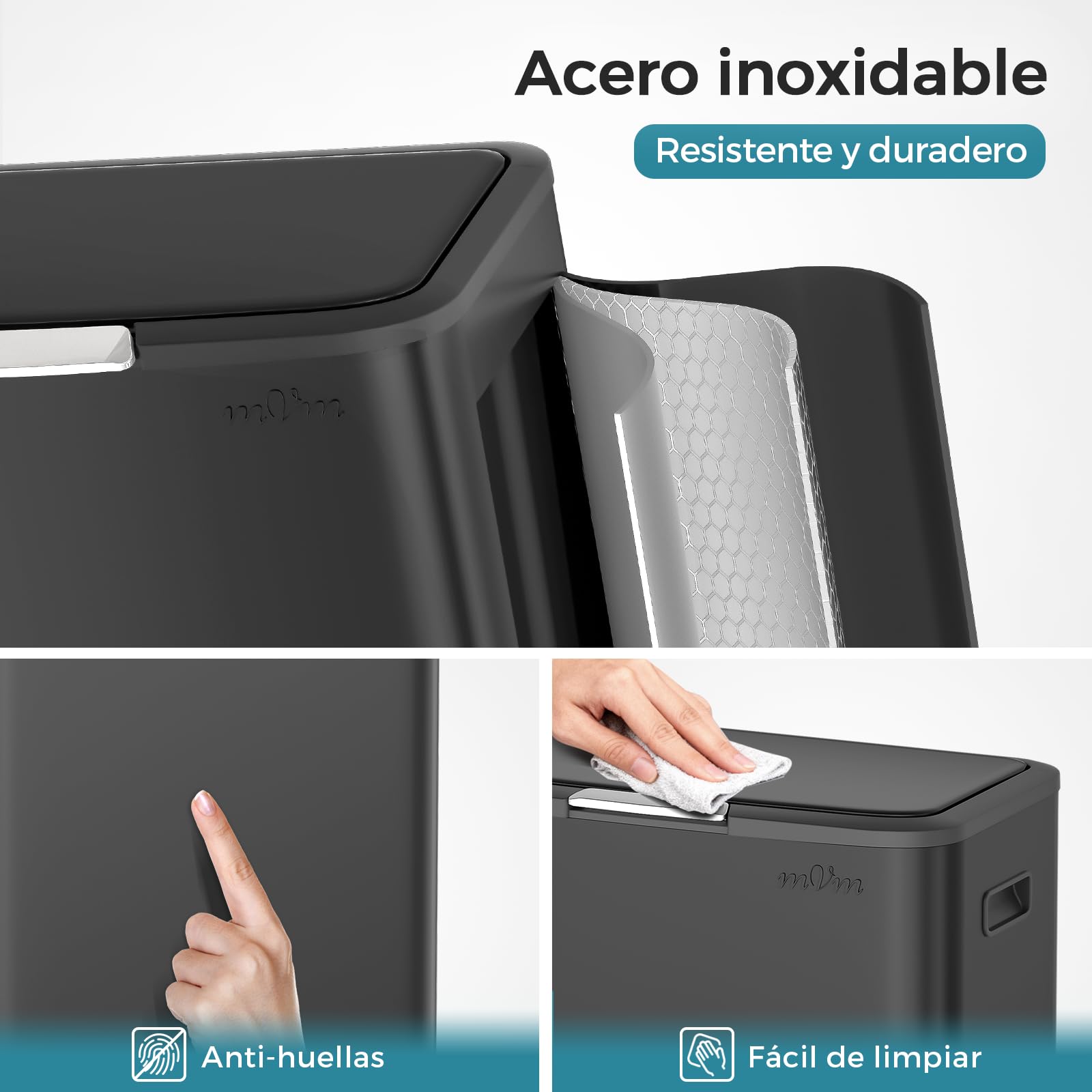 mVm Cubo de Basura Cocina 65L de Acero Inoxidable con Cubo Interior y Cubo Auxiliar 5L, Tapa Push Soft Close, Soporte Elevado