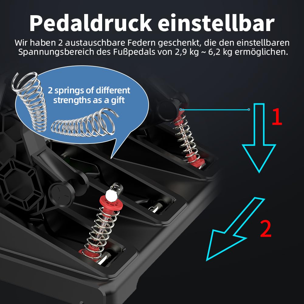 DOYO Racing Pedale PC Gaming Lenkrad 3-Pedal Set, Austauschbare Federn, Einstellbarer Bremswiderstand, Hall-Technologie