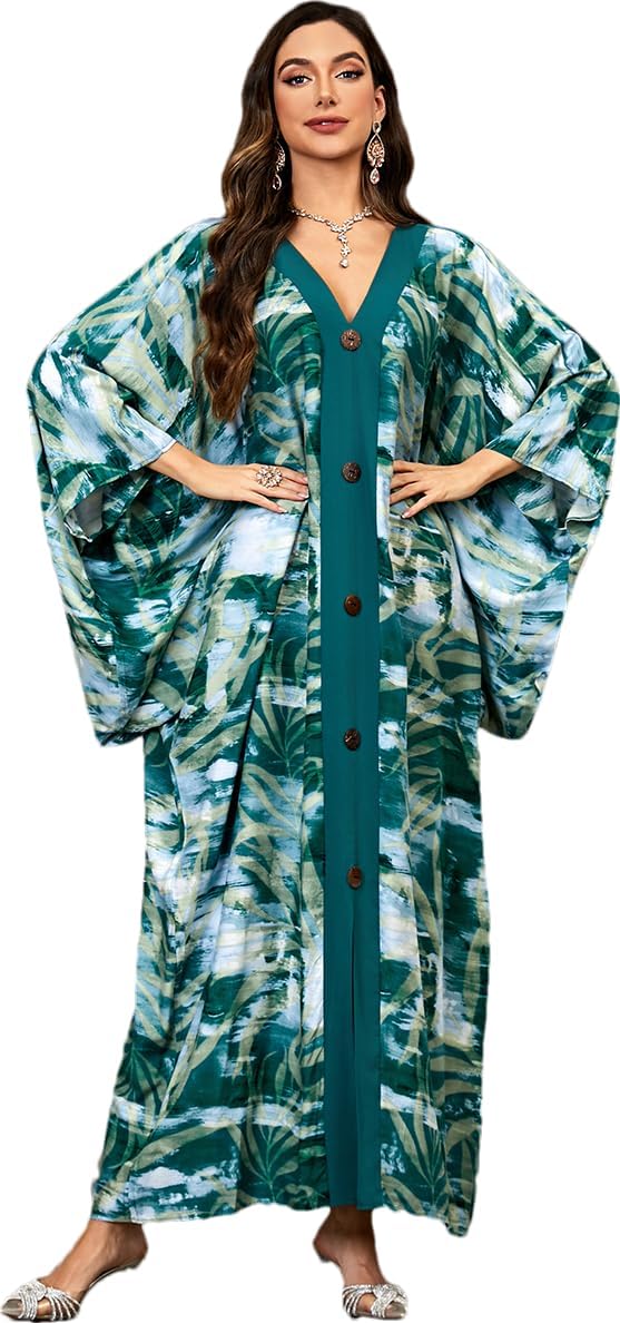 Beach Cover-ups Women's Wave Point V-Neck Caftans Rayon Ethnic Print Plus Size Caftan Over-Sized Half-Sleeve Kaftan