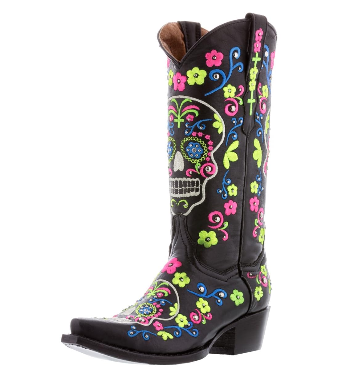 Womens Catrina Black Cowboy Boots Leather Dia De Los Muertos Snip Toe