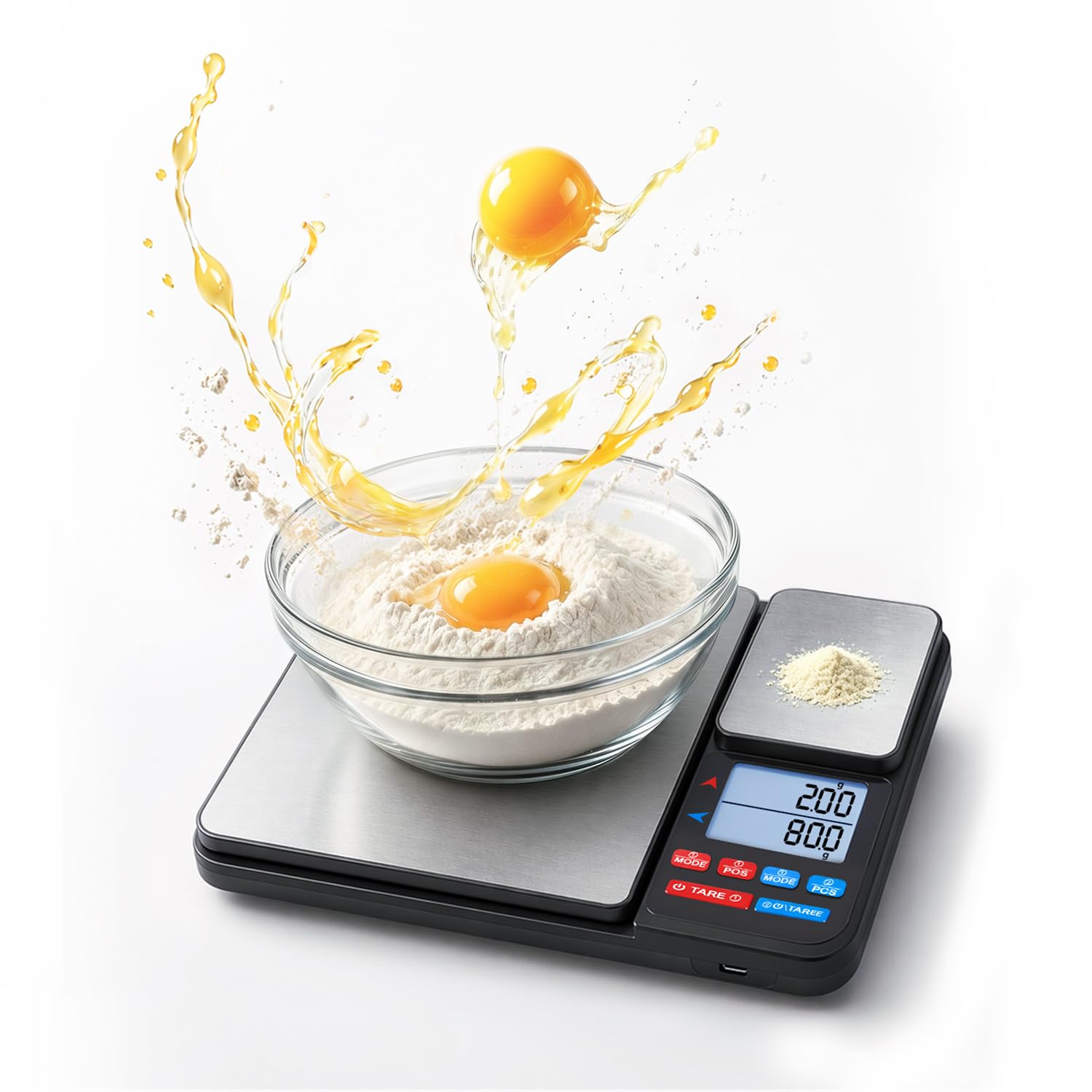Bilancia da Cucina Digitale con Doppia Piattaforma (10kg/1g e 500g/0.01g), Bilancia per Alimenti Ricaricabile USB/Batterie, 14 Unità, Funzione PCS e Auto-Off per Caffè, Pasticceria e Casa