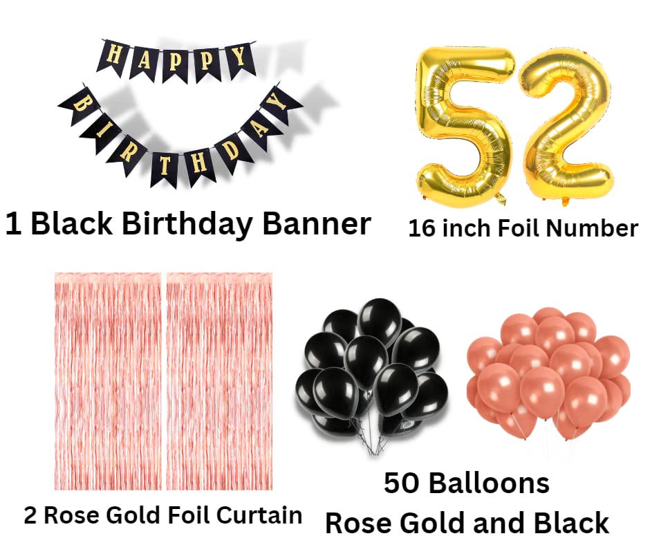 Image of 52nd Birthday Decoration items for Girls with Black and Rose Gold Balloons, Black Happy Birthday Banner, Rose Gold Foil Curtain, Foil Balloon number 42