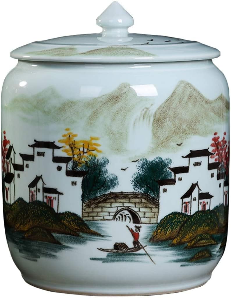 Food Storage Containe Rice Storage Containe Household Hand-Painted Ceramic Rice Jars Moisture-Proof Sealed Rice Bucket with Lid Large-Capacity Handmade Storage Tank (Color : C-12.5KG) (F)
