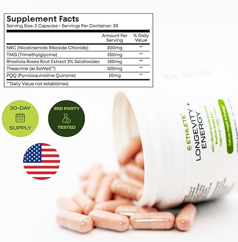 Miniatura 4 de Longevidad + Energía suplementos con Rhodiola Rosea, TMG y teacrina, maximizan la fuerza y la recuperación, suplemento NAD+, PQQ para
