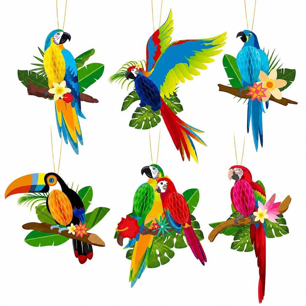6x 3D Tropical Bird Honeycomb Paper Parrots for Summer Luau Parties
