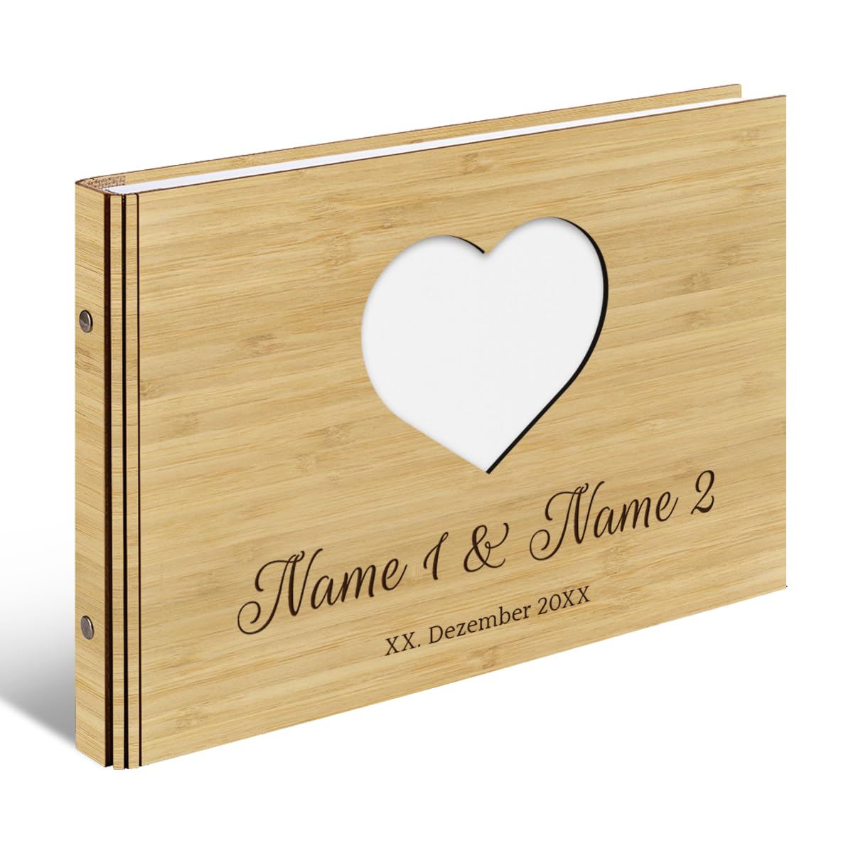 Personalisiertes Hochzeit Gästebuch echtes Holz lasergeschnitten DIN A4 Hochzeitsbuch mit Lasergravur - Herz - mit 72 Blatt / 144 Seiten Naturpapier Weiß