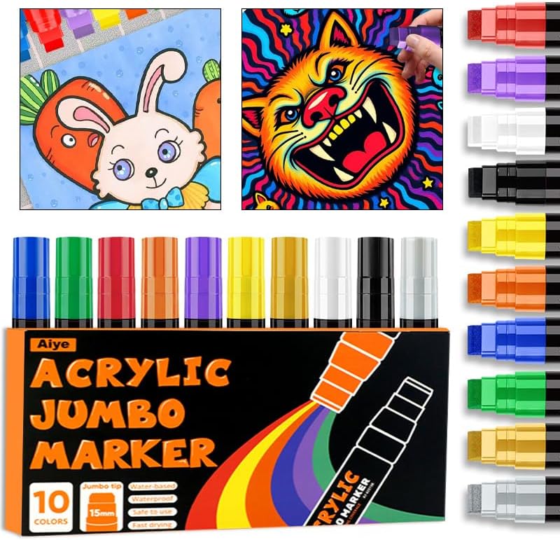 10 Colors Acrylic Paint Markers, Jumbo 15mm Wide Tip Permanent Pa...