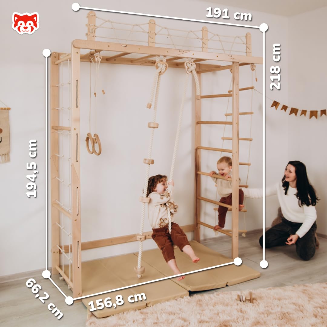 Wood And Hearts Riesige Brücke Schwedische Leiter, sprossenwand, kletterwand kinderzimmer, turnringe, sprossenwand kinderzimmer, Indoor Spielplatz, kletterwand (Natürliche Holzfarbe)