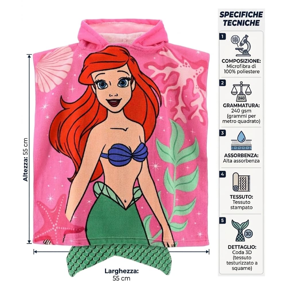 Ariel Poncho de Bain avec Capuche et Queue 3D Microfibre 110 x 55 cm Séchage Rapide 240 g/m² Idéal pour Piscine et Plage Disney