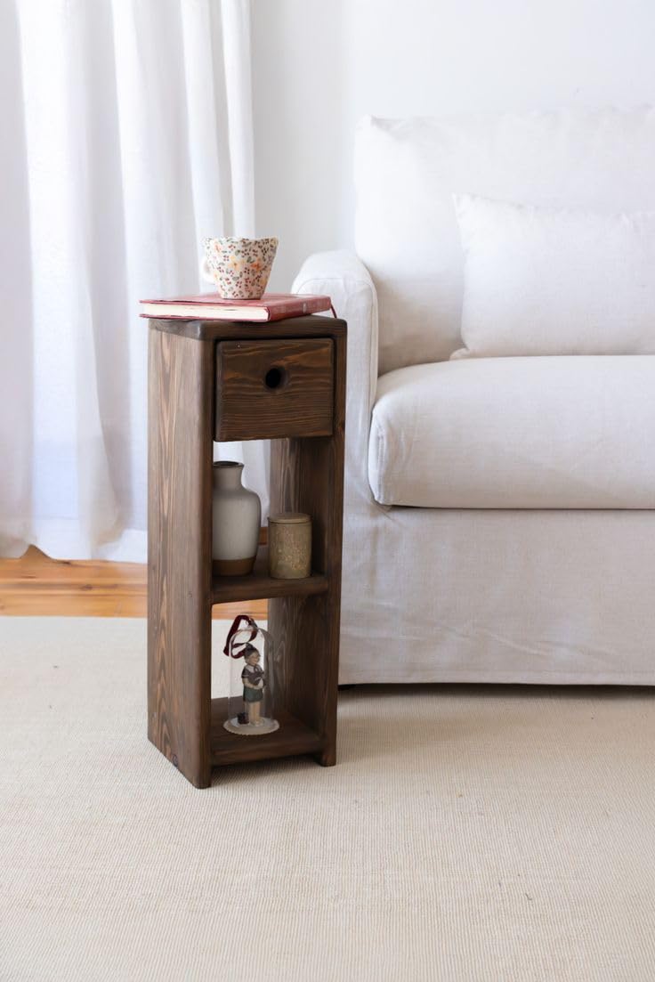 MAYAL Sofa Side Table, Wooden End Table with Drawer and Storage Shelves, Narrow Nightstand for Living Room Bedroom-image-13
