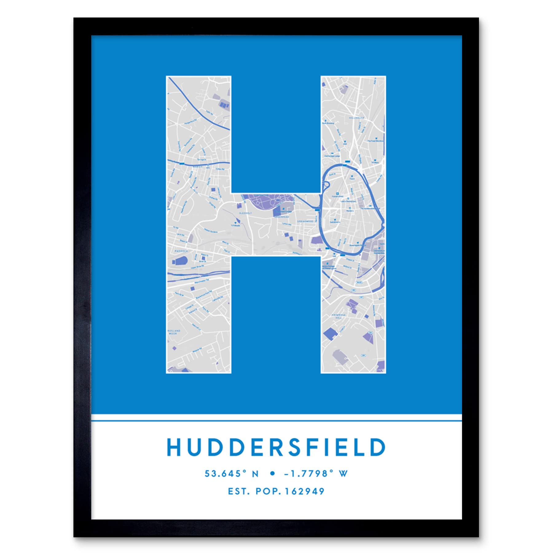 Wee Blue Coo Huddersfield England United Kingdom City Map Blue Colour Block Modern Typography Stylish Letter Framed Word Wall Art Print Poster for Home Décor CITYMAP1
