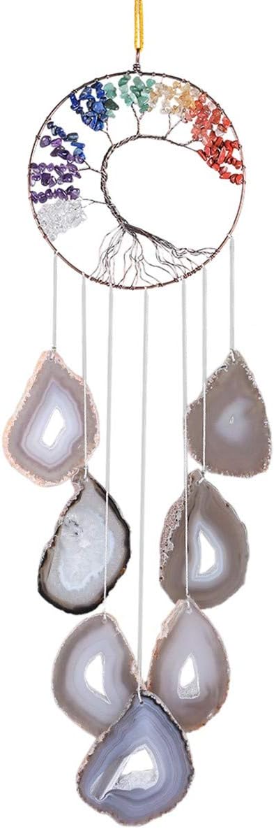 SUNYIK Tree of Life Agate Slice Wind Chime, Handmade 7 Chakra Stone Healing Crystal Wind Chime for Indoor Outdoor Decoration Ornament 24-27'', 7 Chakra