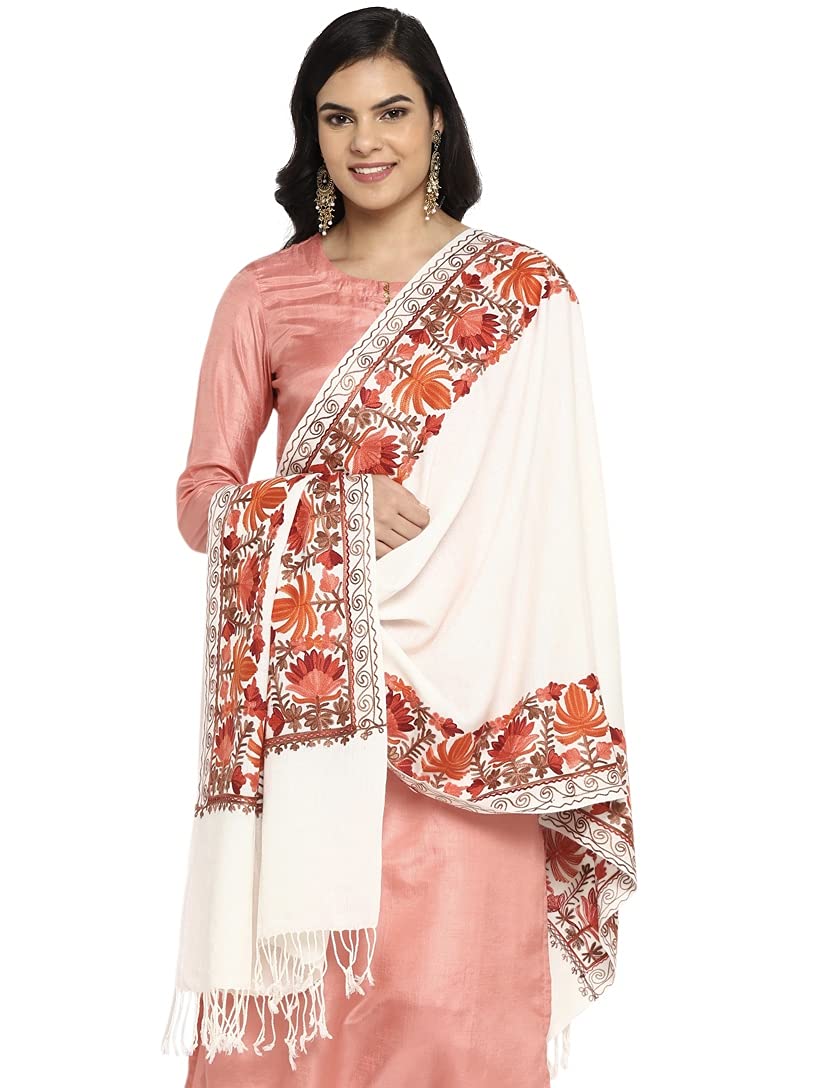 Women Embroidered Large Scarf Wrap in Faux Pashmina Wool, Indian Kashmiri Oversized Winter Scarves Wraps Stole Shawl