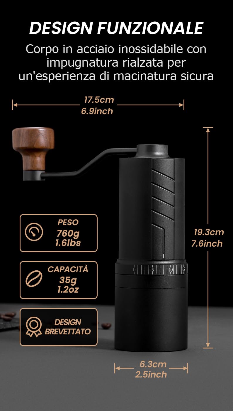 Vevok Chef Macinacaffè manuale O20 - 20 livelli di regolazione esterna, capacità 35 g con custodia da viaggio e attrezzi per la pulizia, macinacaffè conico in acciaio inox placcato in acciaio inox