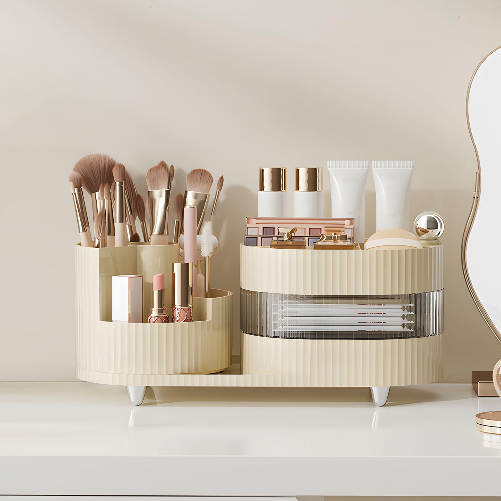 MUUKAIII Organizador de Maquillaje Giratorio 360 Grados, Organizadores de Maquillaje con Rotación Ajustable, Giratorio Makeup Organizer Multifunctional para Tocador, Dormitorio, Baño - Blanco Crema