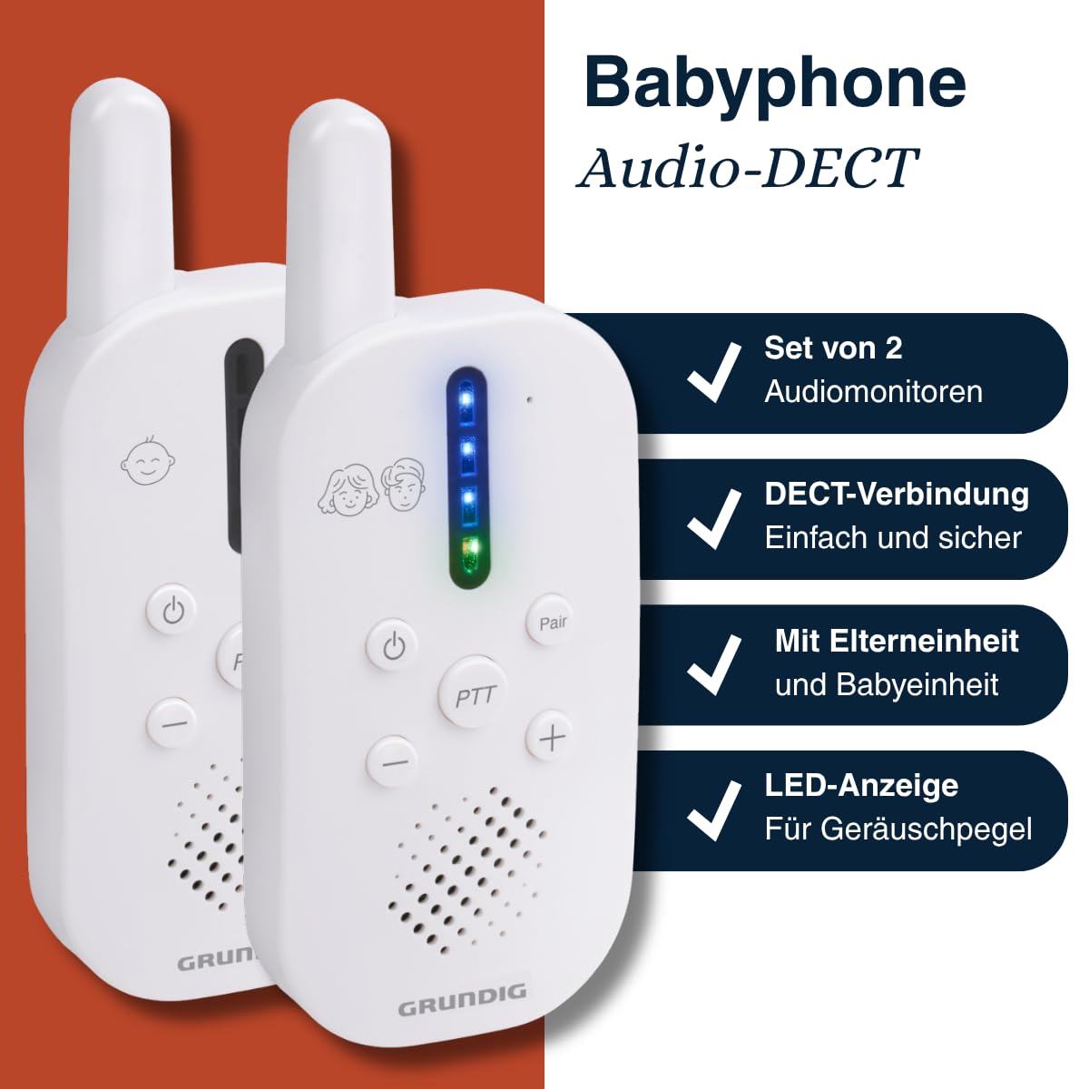 Grundig DECT Audio-Babyphone – Babyfon mit 150 m Reichweite – Eltern-Kind-Einheit – mit LED-Tonanzeige und Gegensprechfunktion – Kinderzimmer-Zubehör – Weiß