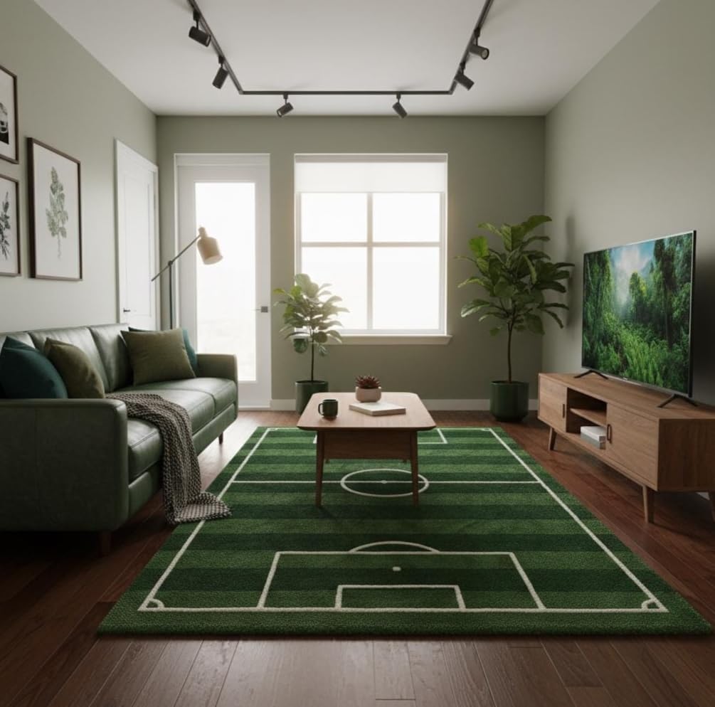 Soccer Field Area Rug, Green with White Lines, Football Pitch Design, Sports Theme Home Decor (10 * 16 feet)
