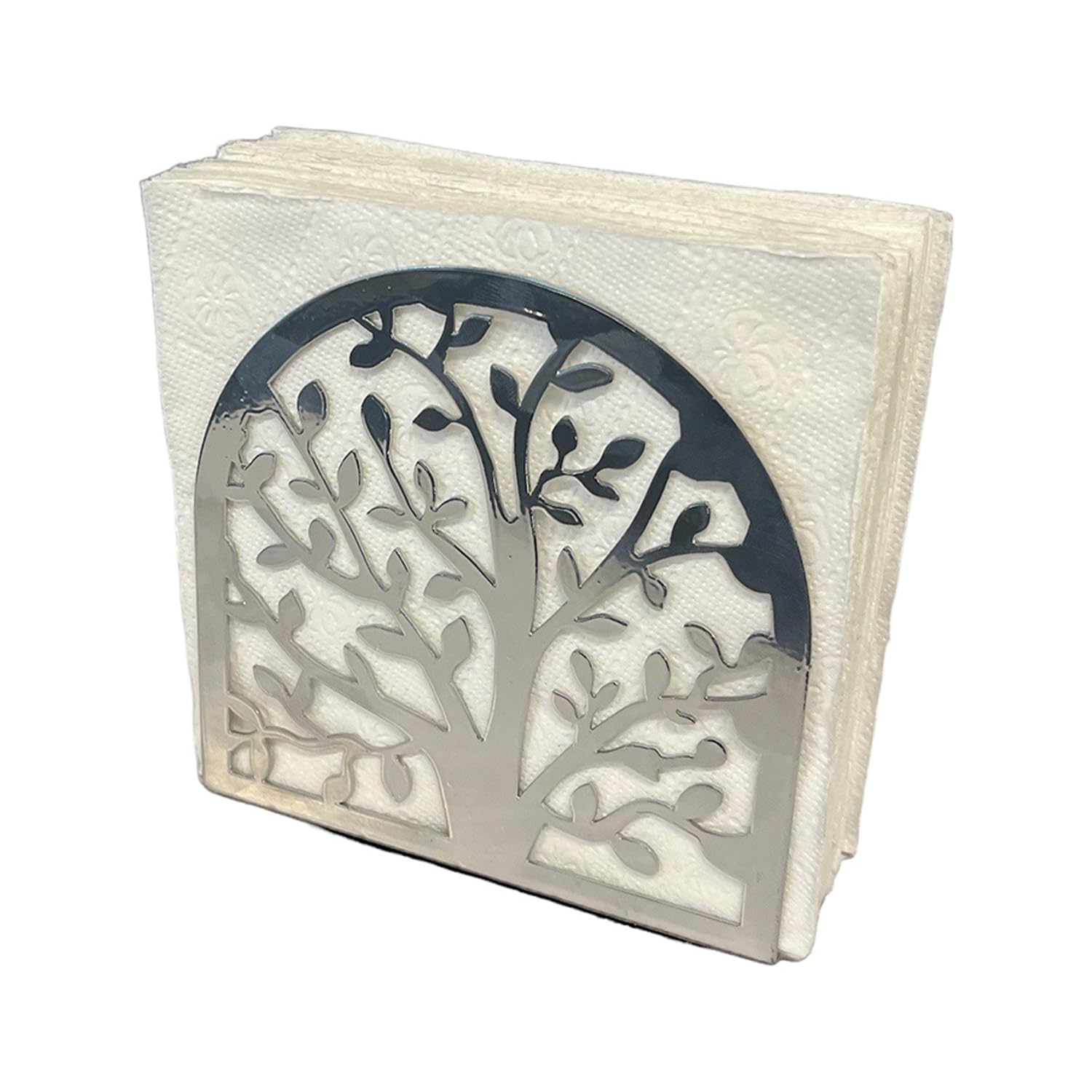 Decorelax Metal Napkin Holder for Home Kitchen Restaurant Picnic - Life Tree Design Tabletop Paper Organizer Upright Tissue Dispenser (Silver)