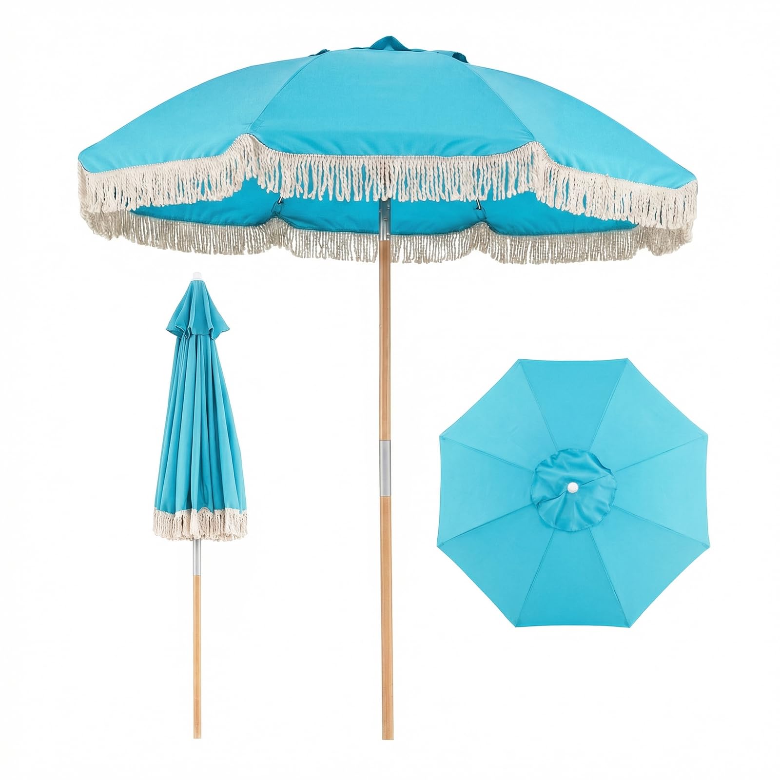 COSTWAY Parasol de Jardin Extérieur avec Franges 180 cm, Parasol Plage Inclinable, 8 Baleines Robustes, 30° Inclinaison, Ouverture Automatique, Style Bohème, pour Balcon Terrasse Piscine