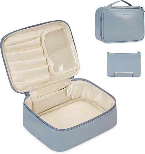 Narwey Bolsa de maquillaje de viaje grande de cuero vegano bolsa de cosméticos organizador de maquillaje para mujeres, Marrón, Bolsa de cosméticos