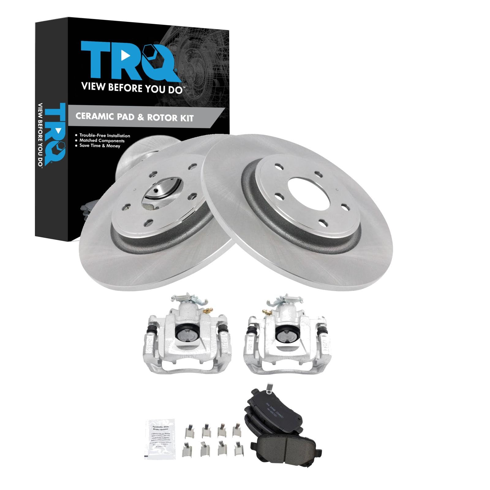 TRQ Rear Brake Pad and Rotor Set Ceramic Calipers Compatible with 2012 Ram Cargo Van Volkswagen Routan