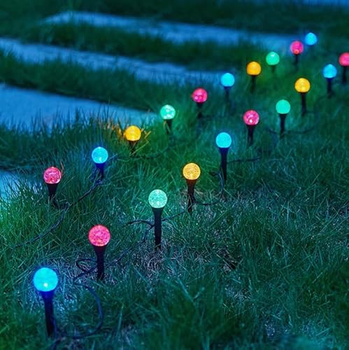 20 Ball Solar LED Stake Lights Multi Coloured, Colour Changing Garden Path Lighting, Crackle Glass Design, Automatic, IP44 Weather Proof Outdoor Patio Lights