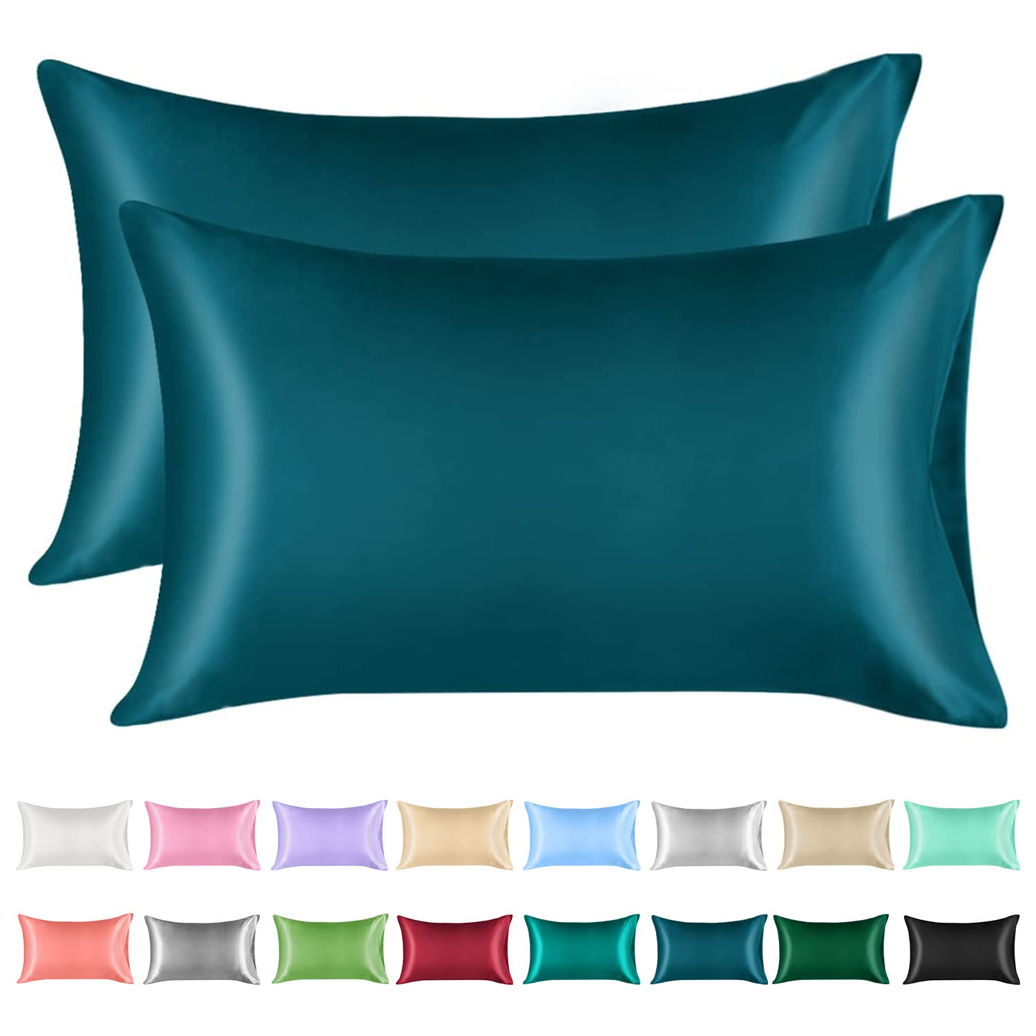 Lirex Satin Pillowcase for Hair and Skin, Super Soft and Cooling Similar to Silk, 2 Pack Queen Size 20"X 30" Pillow Cases with Envelope Closure, Gifts for Women Men, Peacock Blue