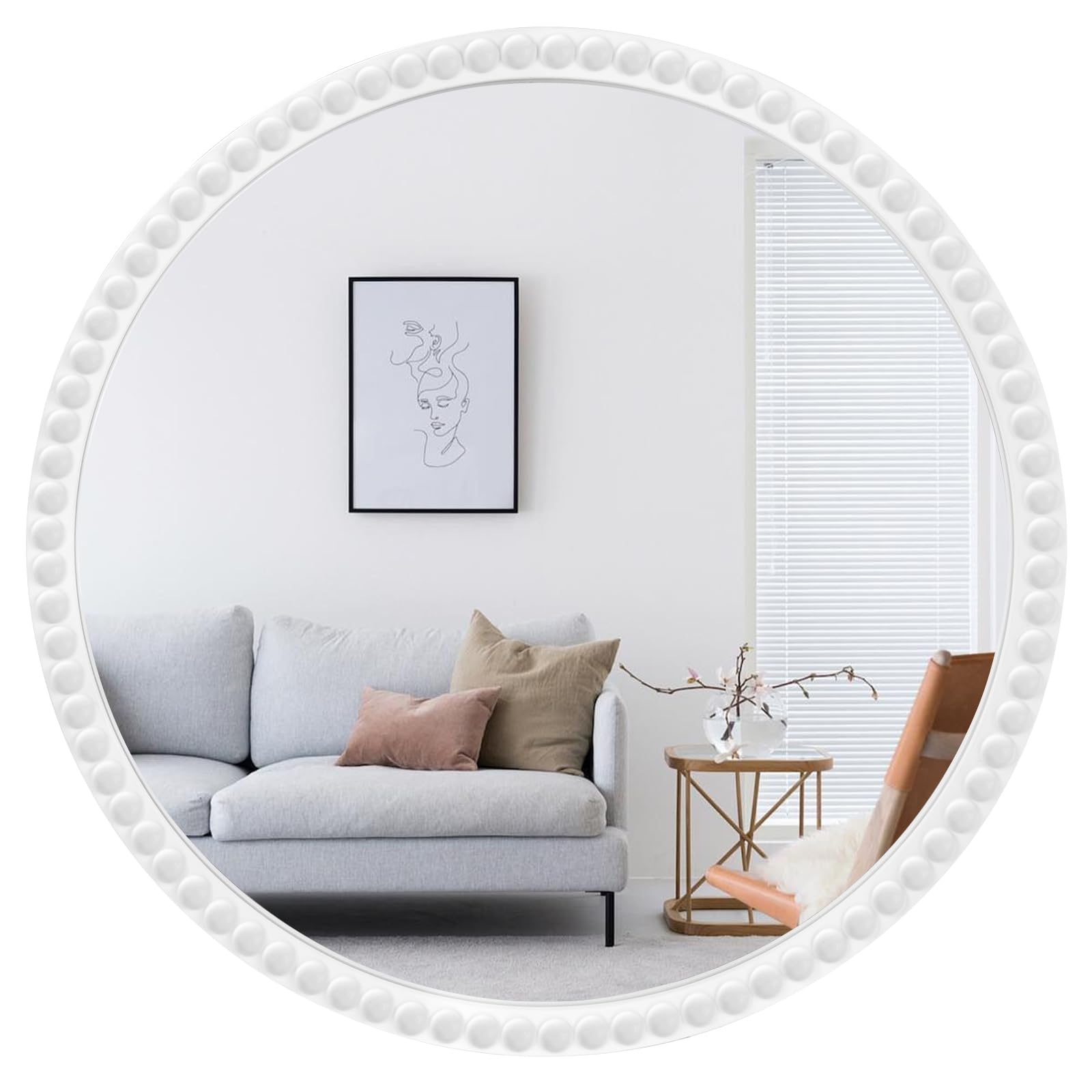 WallBeyond Round Mirrors for Wall Decor, 30 inch Wall Mirror Decorative with Beaded Framed for Home Decoration Entryway Living Room Bedroom, White