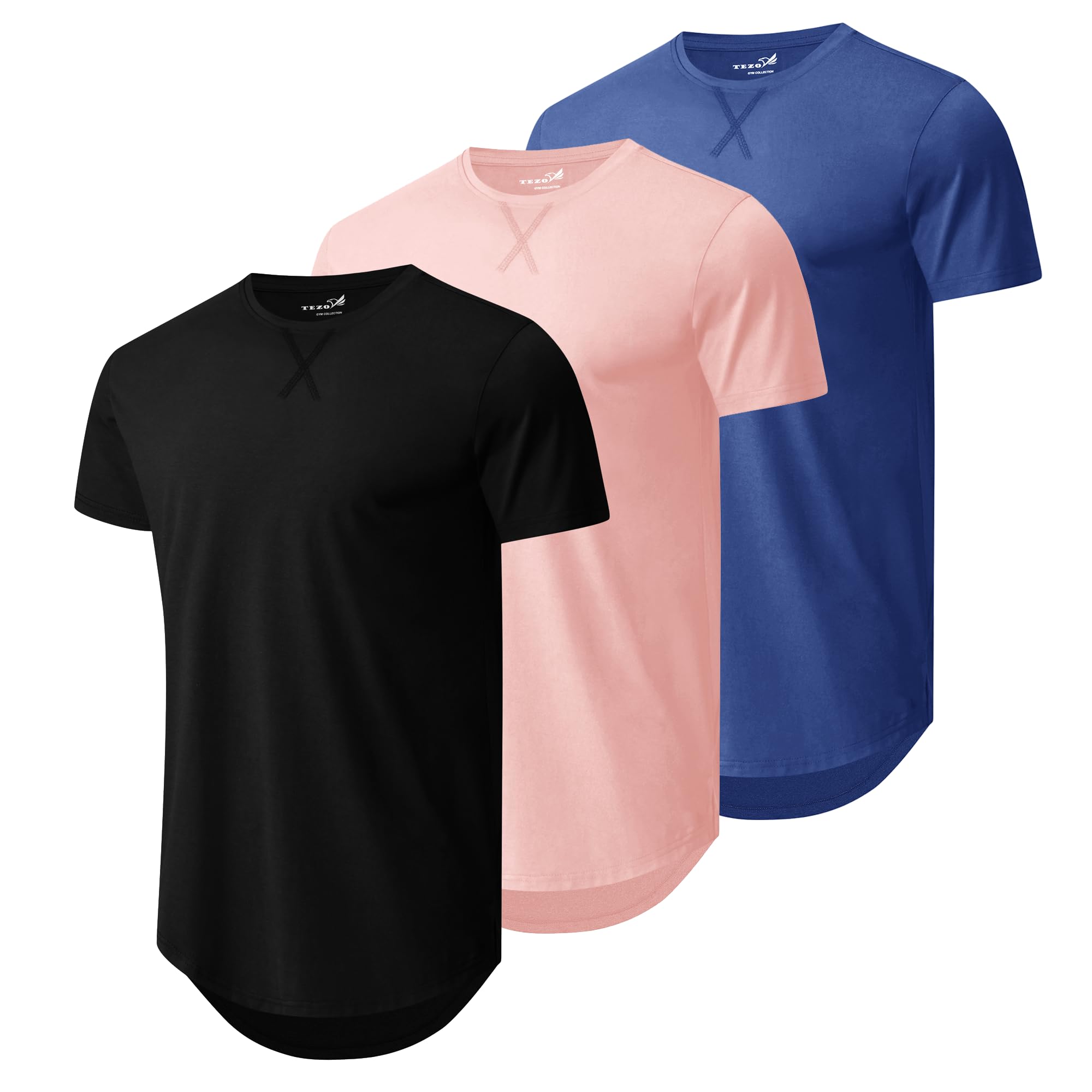 Mens 3 Pack Plain Cotton Shirts Short Sleeve Casual Crew Neck T-Shirts Hipster Hip Hop Longline Tees Drop Cut Curved Hem