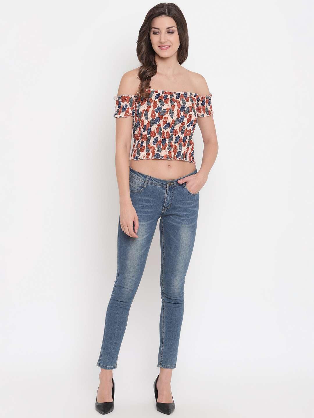 GrabMe Store Women's Rayon Printed Off-Shoulder Smocked Crop Top Short Sleeve Casual Styles Tank Top (Free Size) Multi45