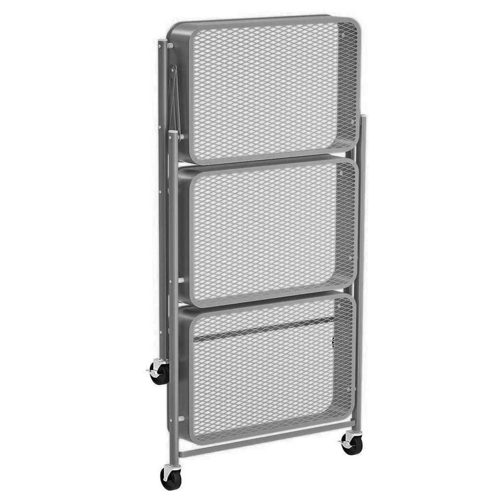 BAKAJI Carro de Cocina Plegable con 3 estantes, Cesta de 4 Ruedas giratorias a 360 Grados con Freno Integrado de Metal Trolley para Ahorrar Espacio de Servicio, Dimensiones 29 x 40 x 76 cm (Gris)