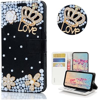 STENES Bling Wallet Phone Case Compatible with Nokia G400 5G Case - Stylish - 3D Handmade Crown Flowers Floral Design Magnetic Wallet Stand Girls Women Leather Cover - Black