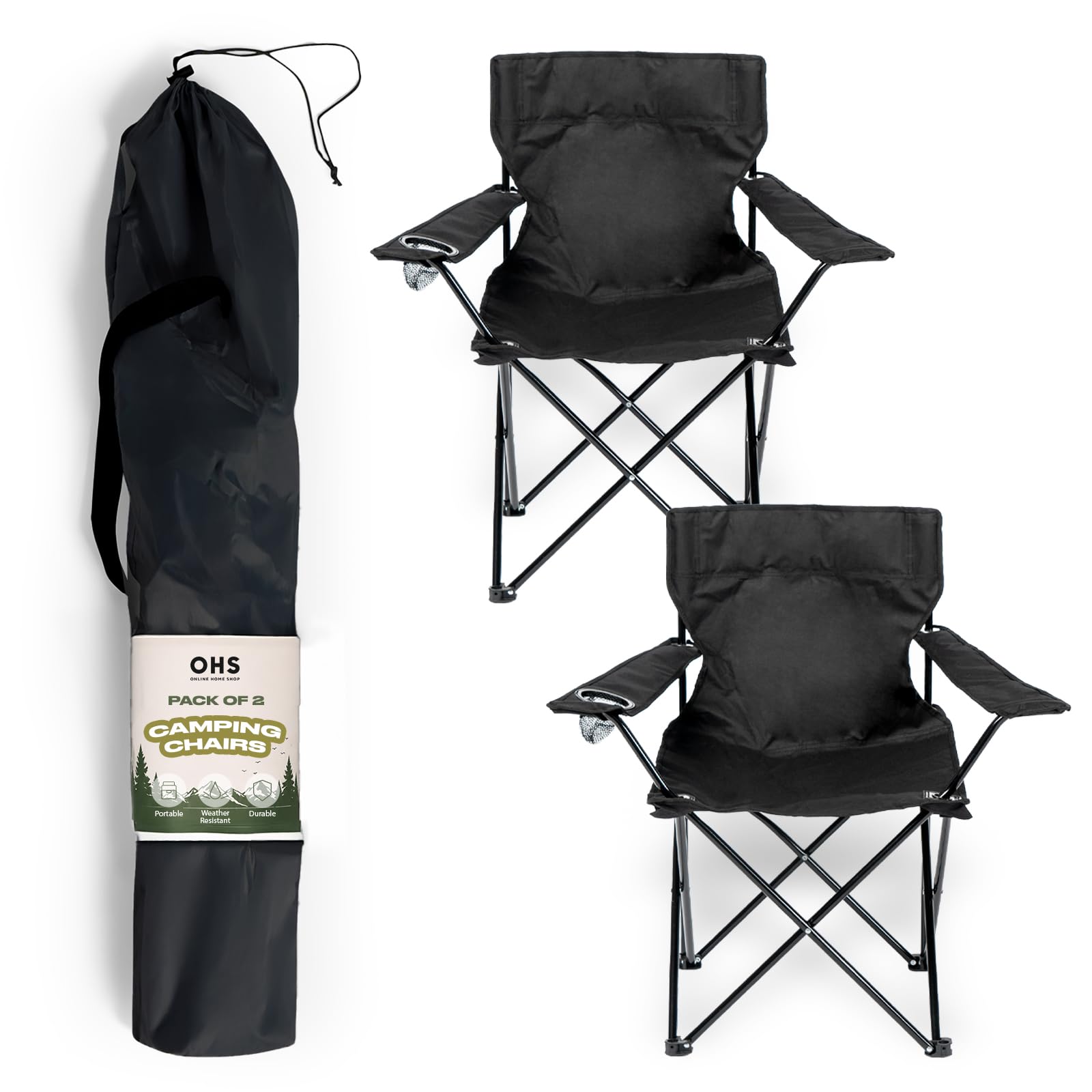 OHS Folding Camping Chairs Set of 2, High Back Camping Chair Outdoor Lightweight Compact Foldable Picnic Festival Garden Folding Chairs Outdoor for Adults with Drinks Cup Holder, Black โ image 1