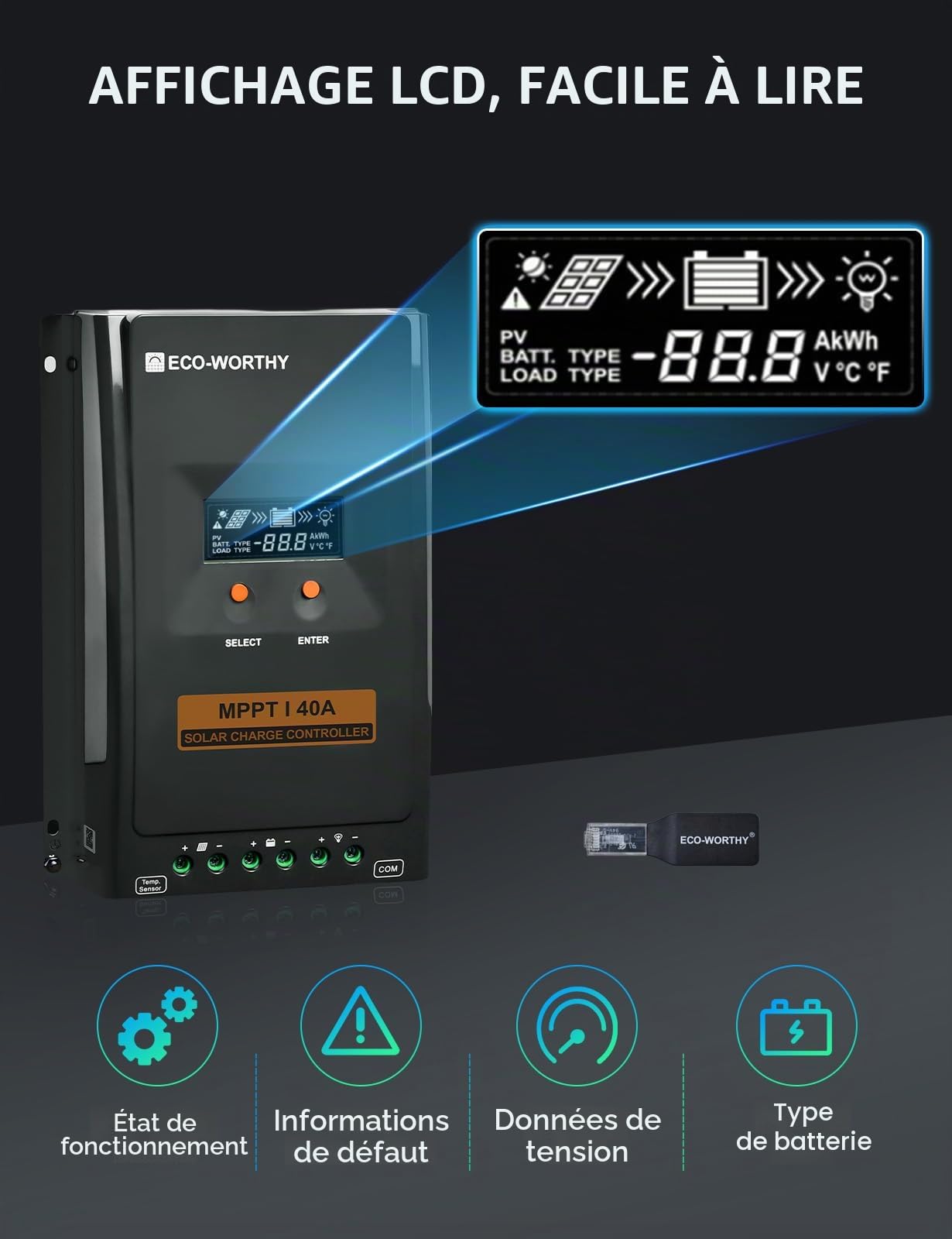 ECO-WORTHY Regulateur de Charge Solaire MPPT 40A, 12V/24V Contrôleur de Charge Solaire avec écran LCD, Moniteur d'application Bluetooth et RS485, 99 % d'efficacité pour Batterie lIFePO4 GEL SLA FLD