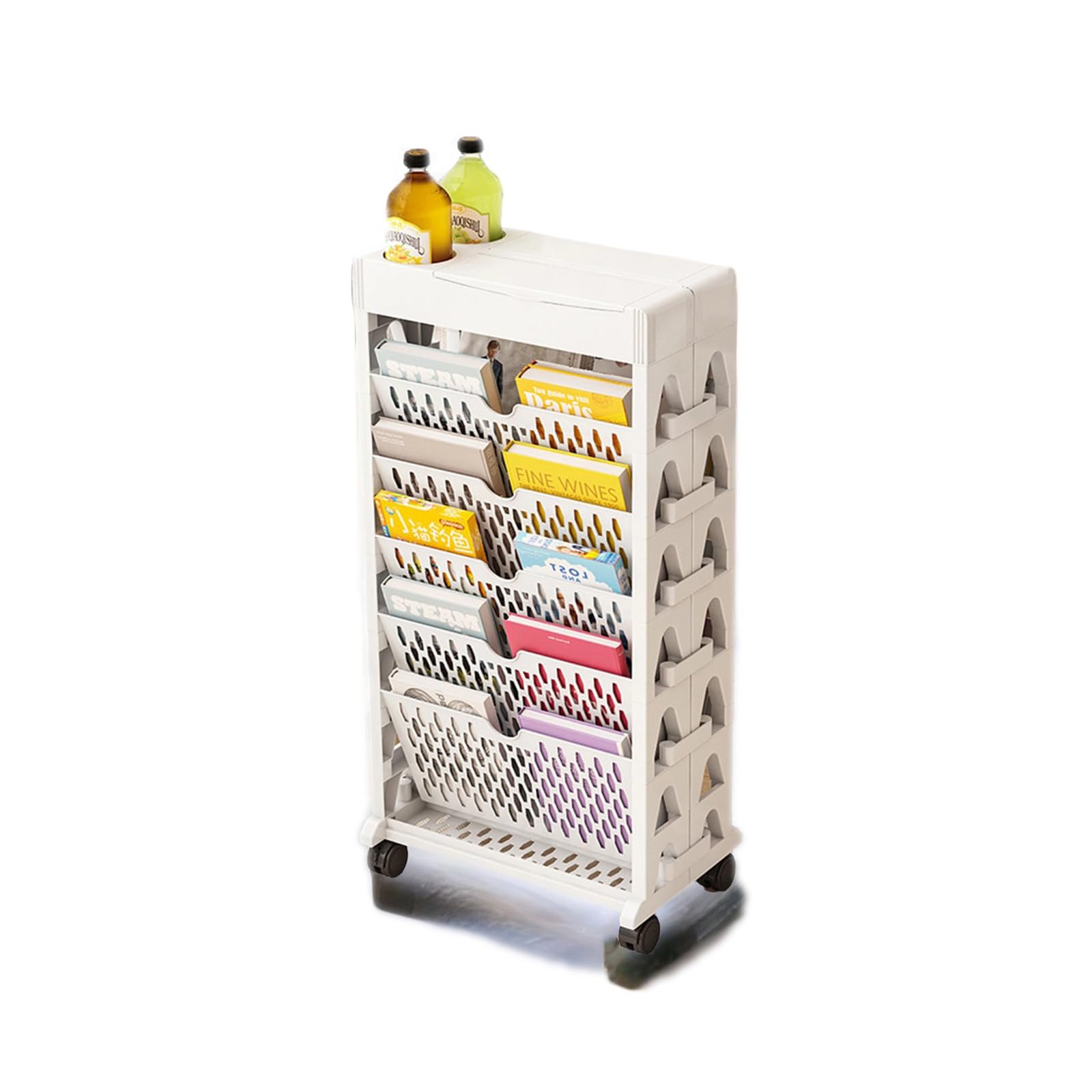 JOYEAR 6 Tier Mobile Bookshelf with Wheels|Office Supplies Desktop Organizer Magazine Storage Bookshelf for School Classroom Home|Removable Movable Unique Bookcase