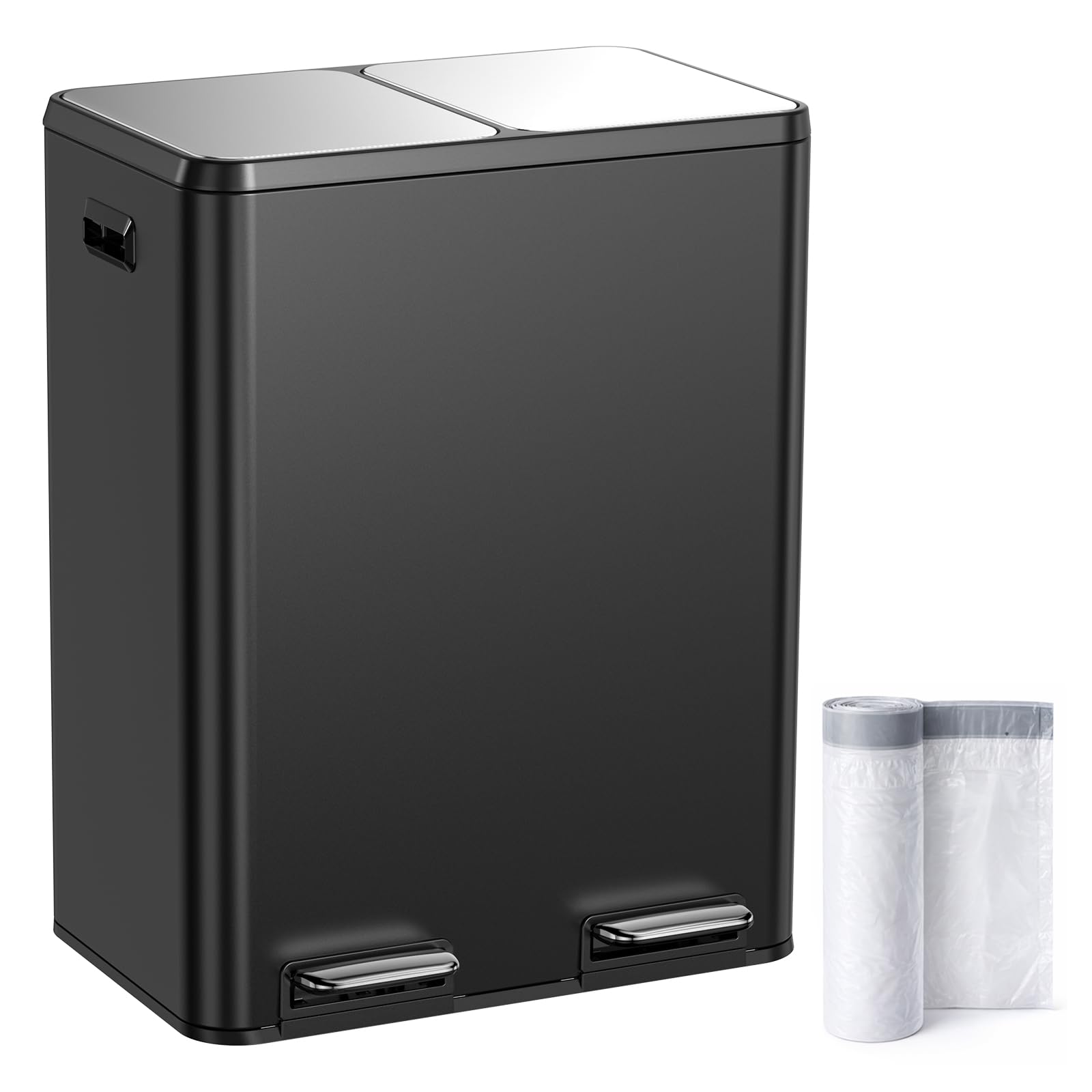YEAUPE PRO Kitchen Rubbish Bin, 60 L Stainless Steel, Black Double Pedal Bin, 2 x 30 L, Waste Separation, Waste Bin with Soft Close Lid, Removable Inner Buckets, Odour-Proof, Kitchen Waste Bin with 15