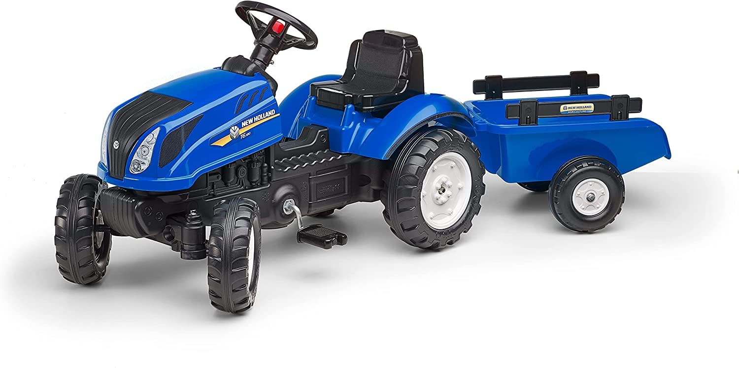 Falk - Tracteur à pédales New Holland avec remorque - Dès 2 ans - Fabriqué en France - Capot ouvrant - volant directionnel avec klaxon - 3080AB, Bleu